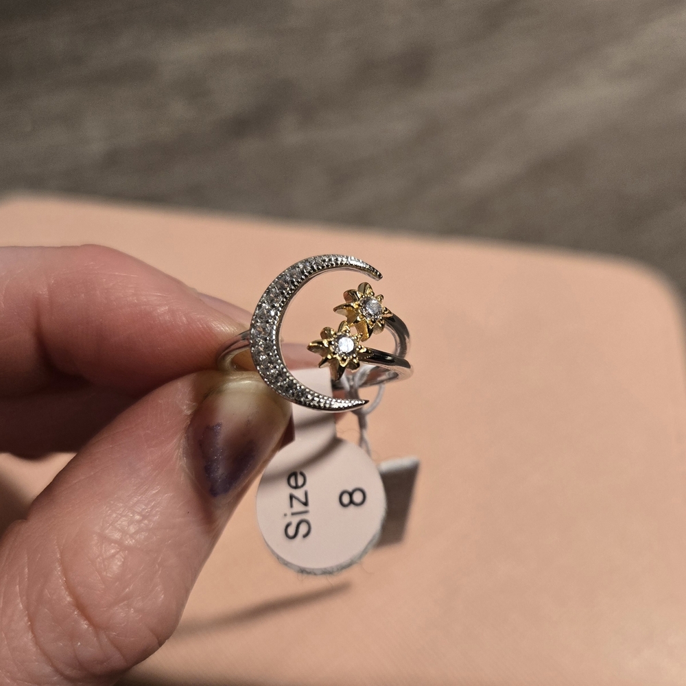 Silver and Gold Crescent Moon Ring Sterling Silver Size 8